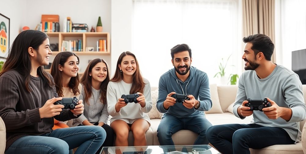 A modern Iranian family in a bright, minimalist living room, teenagers holding PlayStation controllers engaging in a friendly competition as parents observe with supportive expressions, modern decor and shelves with both books and video game memorabilia.