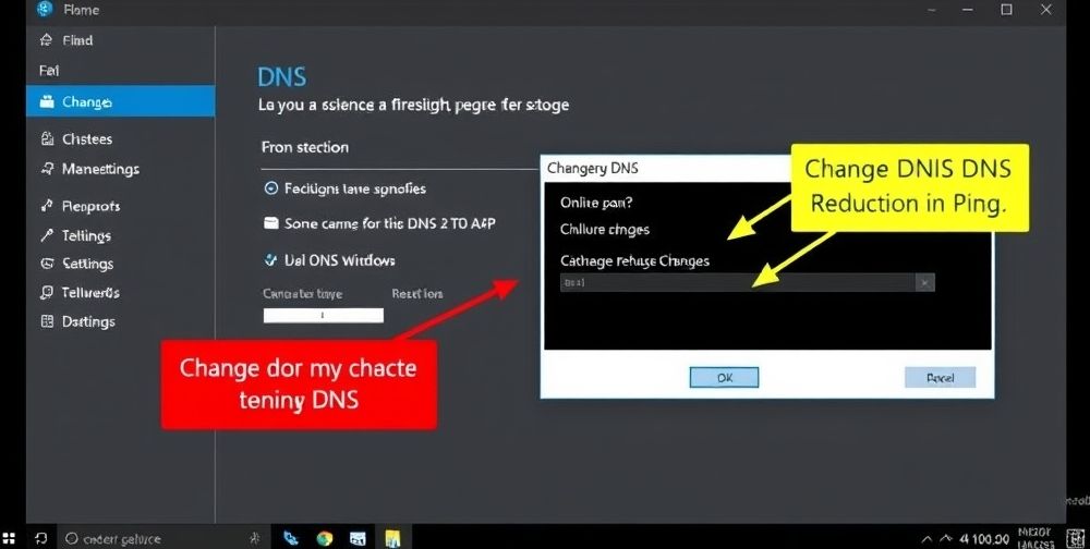 A clear, focused desktop screenshot showing the process of changing DNS settings in Windows, with highlighted text boxes and pointers. A minimized online game window displays a sharp reduction in ping after DNS change.