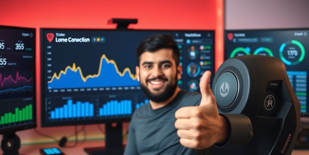 A cheerful Iranian gamer giving a thumbs up in front of a monitor with a stable in-game connection and low ping, surrounded by technical charts and friendly visual elements indicating DNS optimization.