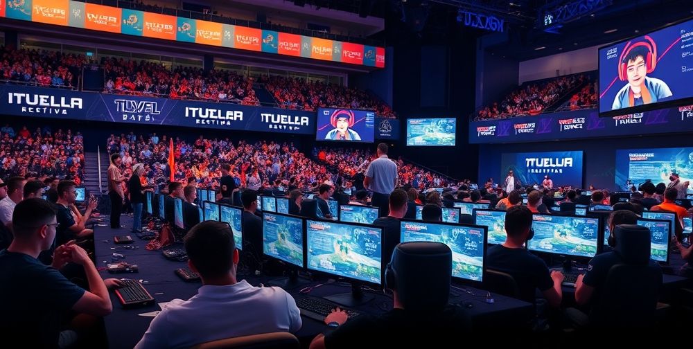 A bustling esport event arena with enthusiastic players intensely focused on their screens, AI-powered HUDs analyzing moves in real-time, and interactive audience displays visualizing live player data insights.