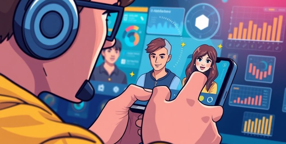 An engaging close-up illustration showing a mobile gamer interacting with a personalized game interface; AI-generated avatars adapt to user preferences, with charts and analytics icons symbolizing real-time user data analysis behind the scenes.