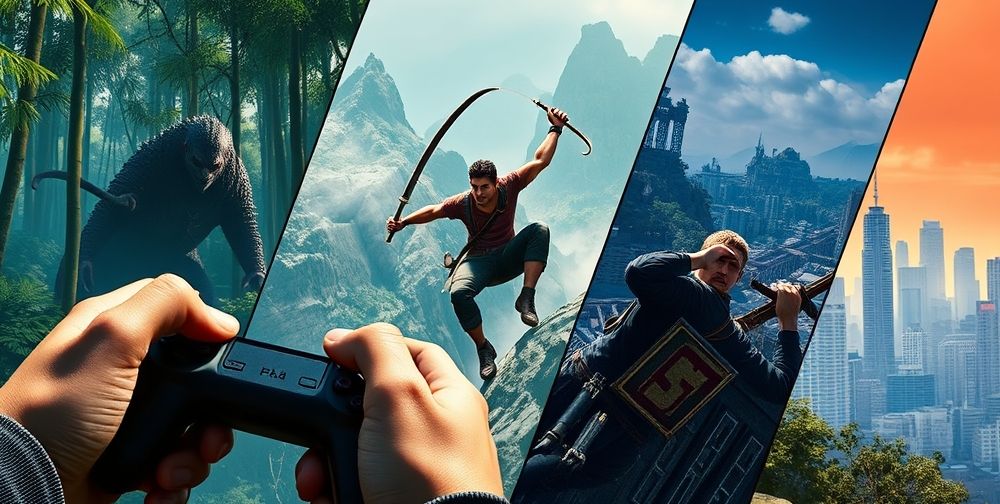 A detailed in-game screenshot montage: Persian gamer’s hands gripping a PlayStation controller, Sekiro battling a monster in a bamboo forest, Uncharted’s Nathan Drake sliding down a crumbling cliff, and the GTA V city skyline, all reflecting action genre diversity.