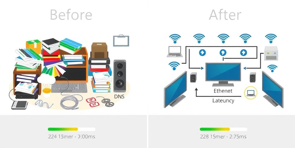A side-by-side infographic illustrating before-and-after results: a cluttered network setup with high ping and a streamlined, organized setup showing reduced latency; icons for DNS, Ethernet cables, Wi-Fi signals, and performance bars highlight improvements.