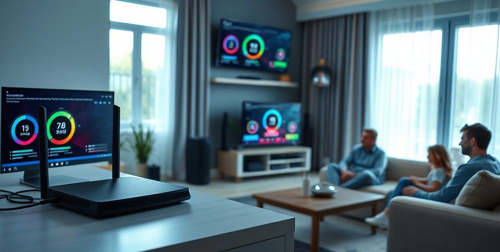 A dynamic scene of a digital gaming setup featuring a fiber optic router, gaming laptop with low latency indicators, multiple speed and ping test apps on screens, and a family calmly enjoying smooth online video calls in a bright, modern living room.