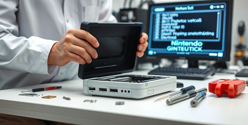 A detailed shot of a Nintendo technician examining a disassembled console on a clean workspace, various small tools neatly arranged, and a digital screen with system diagnostics glowing in the background.
