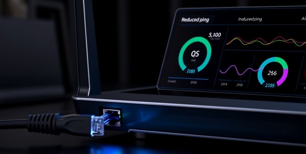 A highly detailed graphic showing a close-up view of a sleek modern router with glowing QoS indicators, an Ethernet cable next to it, and a digital dashboard screen displaying reduced ping and higher internet speed graphs.