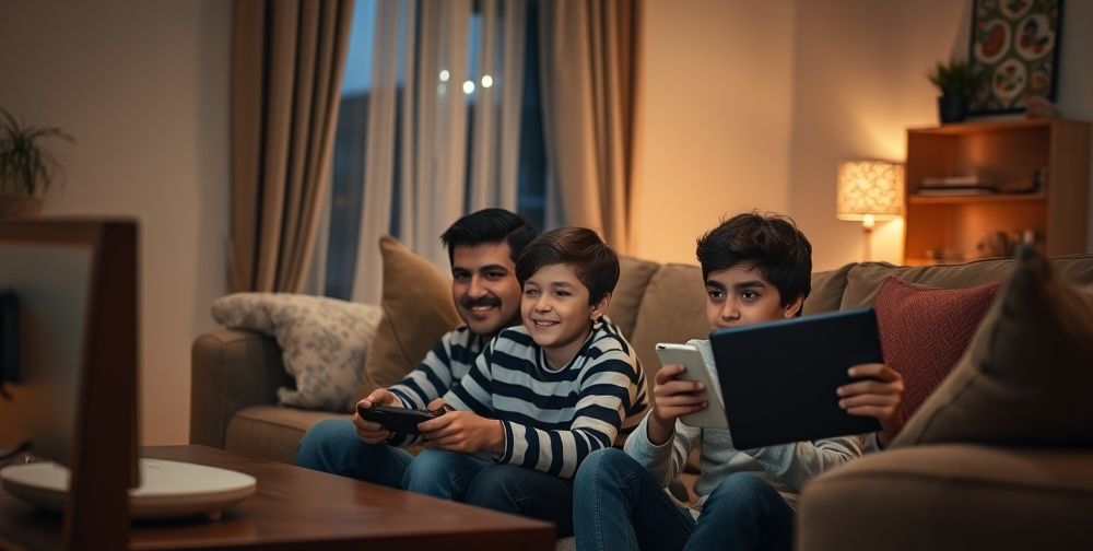 A warm family setting in an Iranian living room at night, where a parent and child happily enjoy smooth online gaming thanks to optimized home internet setup with visible cables, organized router, and persons using a network management app on a tablet.