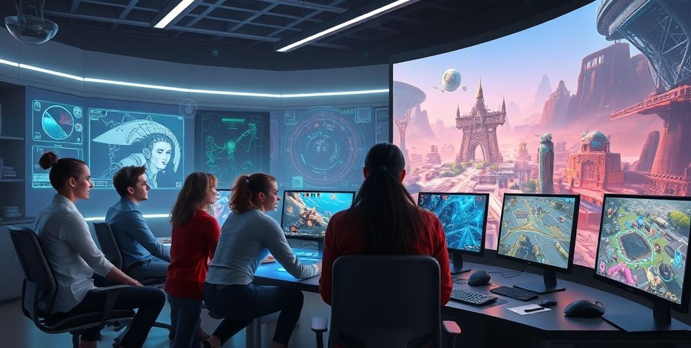 A futuristic game studio setting with a diverse team brainstorming on holographic displays, while AI-powered computers generate dynamic game levels and storylines on large, interactive screens.