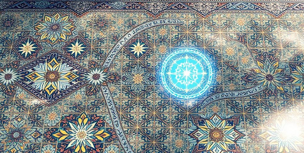 A concept art of a video game combining traditional Persian art with futuristic AI elements: intricate tile patterns blend with digital holographic overlays, and artists are collaborating around smart devices.