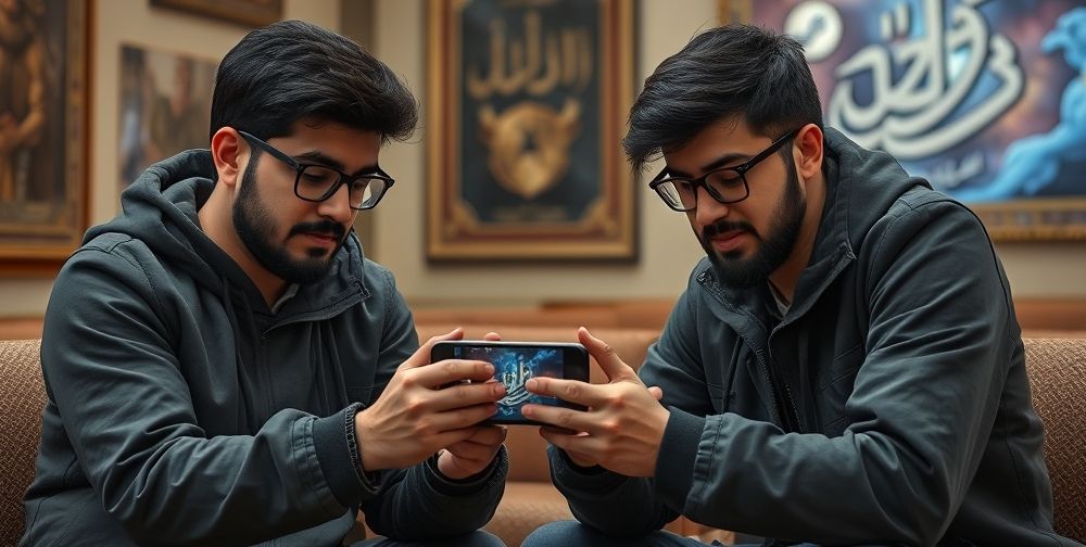 Two Persian gamers, one showing the other how to activate Steam Guard on a modern smartphone, surrounded by a safe, friendly gaming environment, with Persian calligraphy art.