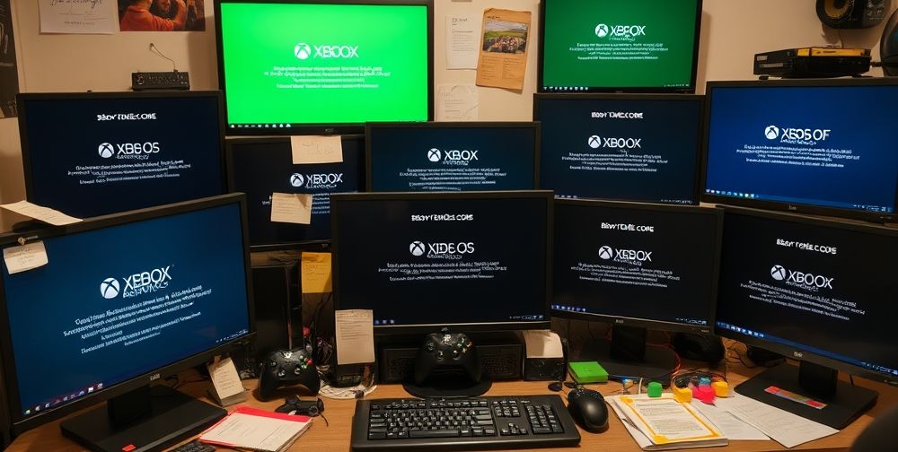 A set of close-up images of various Xbox error codes on multiple monitors in a gaming tech room, with sticky notes and troubleshooting guides beside them. The room has a cozy, slightly chaotic atmosphere reflecting the community DIY solutions culture.