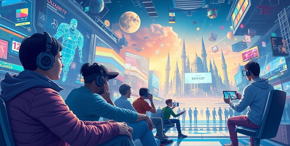 A visionary mural-style illustration of the future of online gaming, with holographic avatars, AI-powered environments, esports tournaments, and creative collaboration spaces for diverse communities.