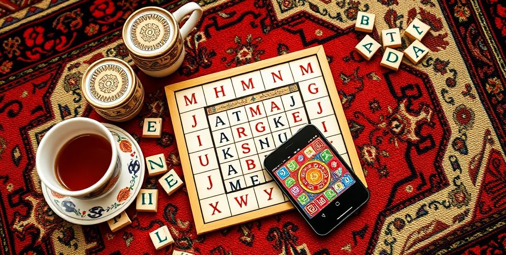 A creative arrangement showing traditional Persian tea cups, puzzle board pieces styled in Farsi letters, and a smartphone displaying a vibrant puzzle game interface, all on a patterned Persian rug.