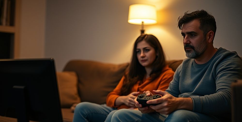 A concerned Iranian mother and father quietly observing their teenage son playing video games late at night in a dimly-lit living room, reflecting tension but also care.