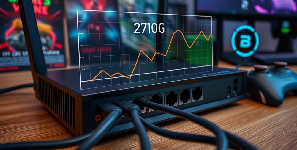 A close-up of network cables plugged into a modern gaming router, with a graph overlay showing ping reduction, in an environment with gaming posters, a joystick, and high-speed internet indicators around.