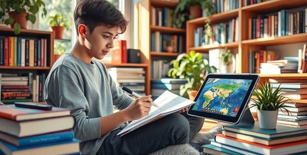 A cozy study environment filled with books and gaming devices, where a teenager is sketching creative game ideas while a tablet nearby displays a vibrant open-world game. The room is filled with sunlight, indoor plants, and elements of both learning and play, symbolizing the synergy of creativity and mental skill development.