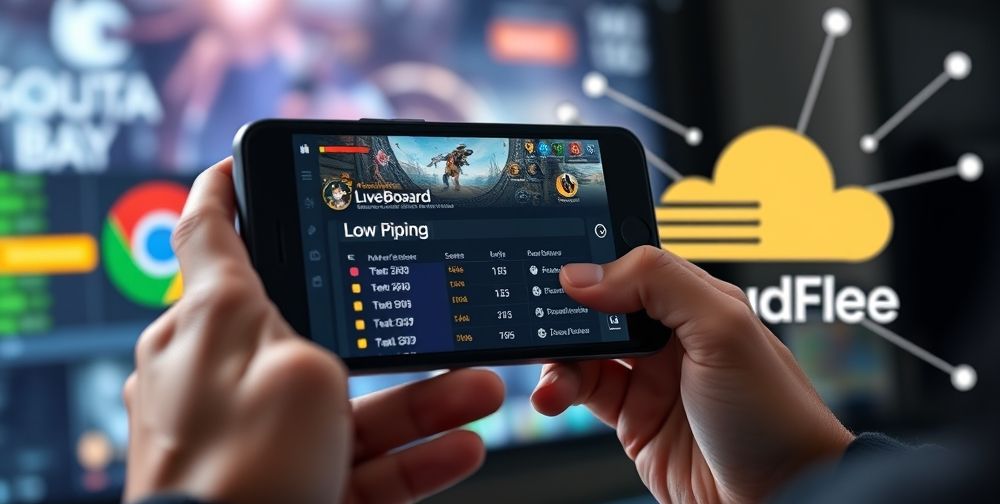 Close-up of a gamer’s hand holding a phone showing a live leaderboard in an online game, with the interface highlighting low ping. In the background, DNS server logos like Google and Cloudflare connect wirelessly with dynamic digital effects.