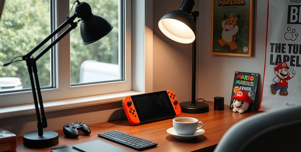 A neat gaming setup featuring a Nintendo Switch placed near a window with natural light, a professional LED lamp, a cup of coffee, and cozy decorations like a small Pokémon plush and Mario poster.