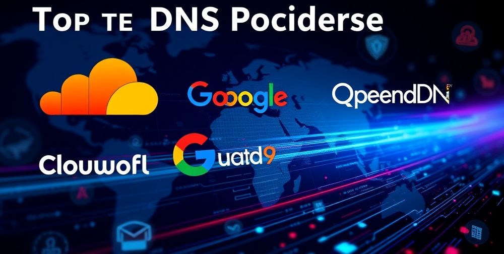 A detailed infographic-style composition illustrating the logos of top DNS providers (Cloudflare, Google, Quad9, OpenDNS) in a visually appealing way, with a backdrop of global connection icons and a speeding data stream symbolizing accelerated game performance for gamers.