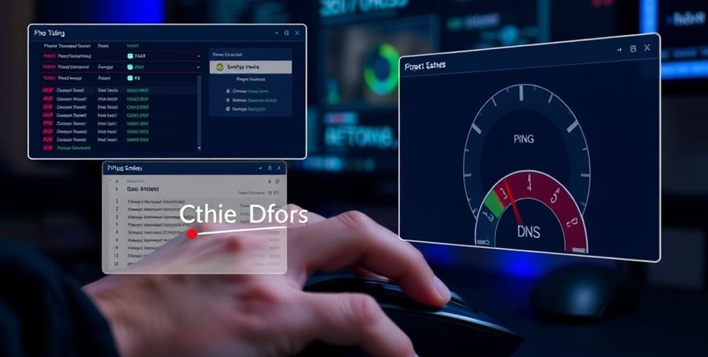 A realistic close-up of a gamer’s hand using a mouse, with overlay screens showing DNS testing tools, ping responses, and an animated speedometer – all highlighting the tech-savvy process of optimizing DNS for the best online gaming performance.