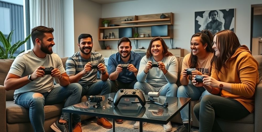 A group of enthusiastic gamers from multiple backgrounds are sitting in a modern living room, holding new Xbox controllers, sharing laughs, and interacting, highlighting the accessibility and social features of the latest Xbox controller design with adaptive attachments on the coffee table.