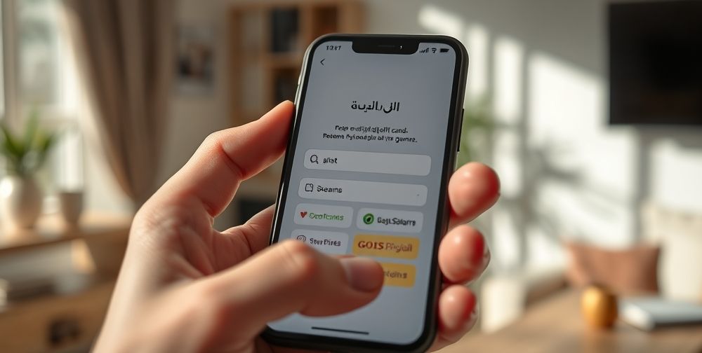 Close-up of smartphone in a Persian user’s hand displaying input fields for redeeming a digital gift card, surrounded by icons of popular streaming and gaming services. Sunlight and décor hint at a modern Iranian home.