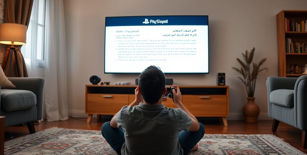 Inside a cozy living room, a gamer sits cross-legged on the floor in front of a mounted smart TV, carefully using a white PlayStation controller. On the TV, a detailed error message with troubleshooting steps is displayed in Persian, adding an atmosphere of problem-solving and calm determination.
