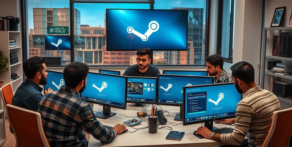 An Iranian indie game development team at a modern workspace, surrounded by computers displaying Steam dashboards, brainstorming game ideas inspired by Iranian architecture, mythology, and modern technology.