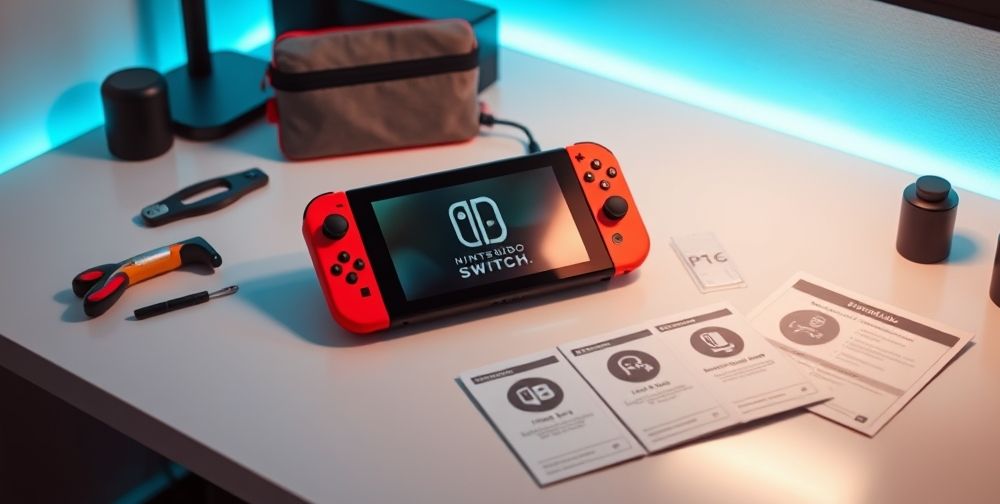 A neatly arranged gaming setup featuring a Nintendo Switch on a clean desk, with a soft glowing background, a maintenance toolkit, and detailed safety manuals to convey ways to prevent hardware failure.