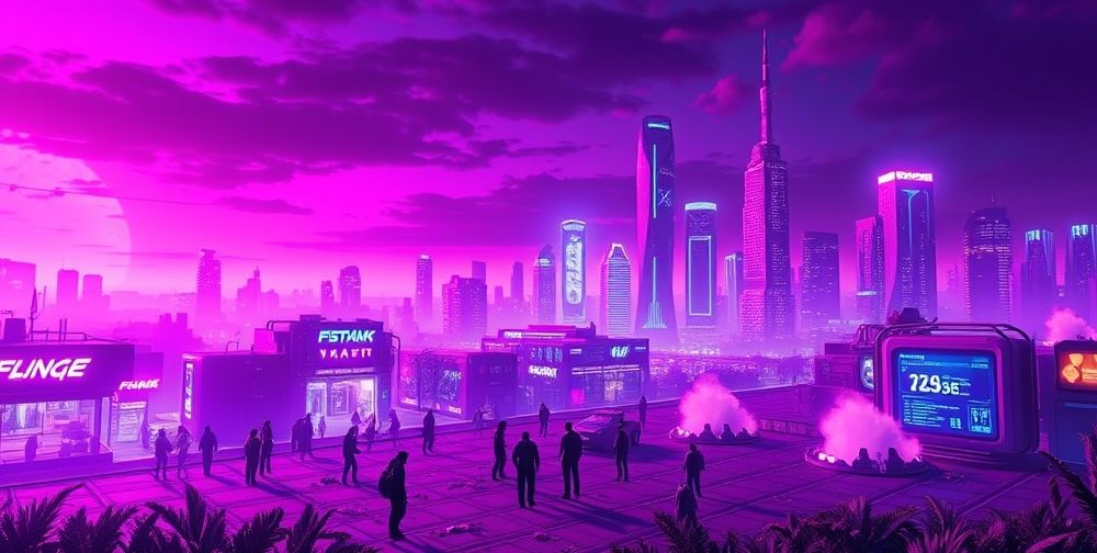 A purple-and-neon cyberpunk game landscape with lifelike NPCs interacting naturally, advanced in-game HUDs displaying stats and branching quests, and a vividly lit city skyline at dusk—all rendered in Xbox-quality graphics.