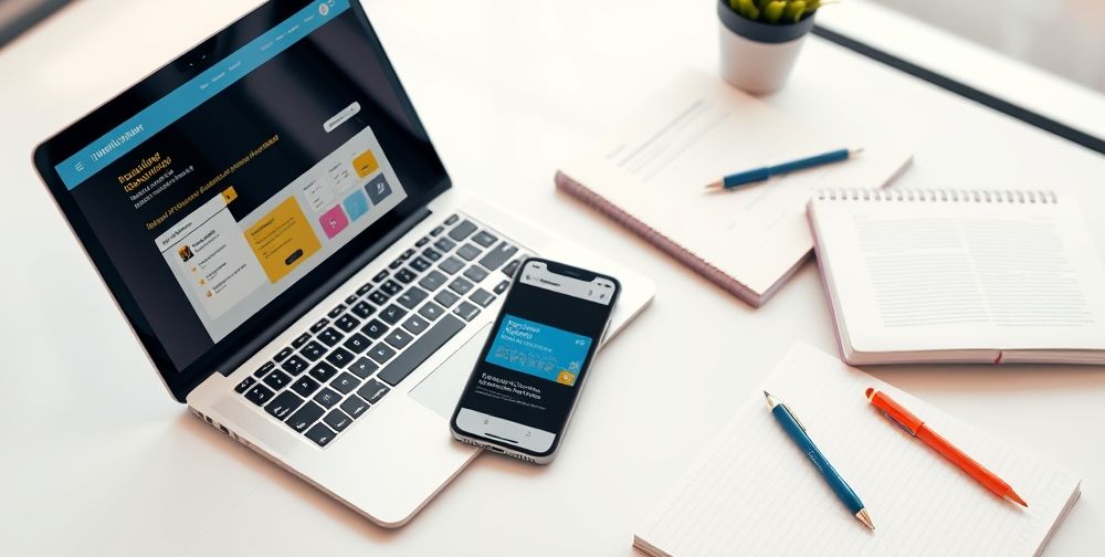 A modern workspace with an open laptop displaying an online learning platform. Next to it, a sleek smartphone shows an activated digital gift card, surrounded by notebooks and a pen to illustrate education and goal achievement.