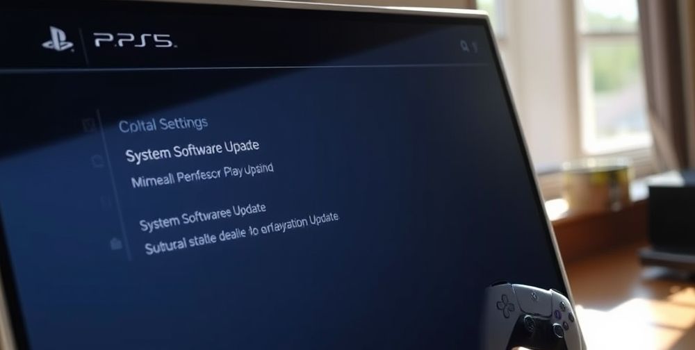 A detailed image showing a PlayStation 5 screen with the settings menu open, user selecting "System Software Update," soft sunlight from a nearby window illuminating the space, and a USB drive visible for manual update.