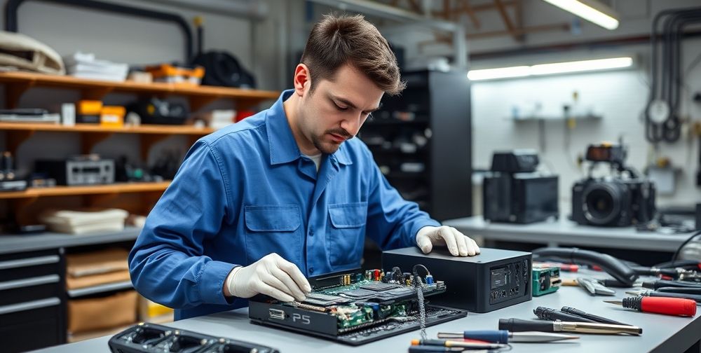 A professional electronics repair shop with a certified technician in uniform examining a PlayStation 5 motherboard under specialized lighting, with tools and diagnostic equipment on the worktable.