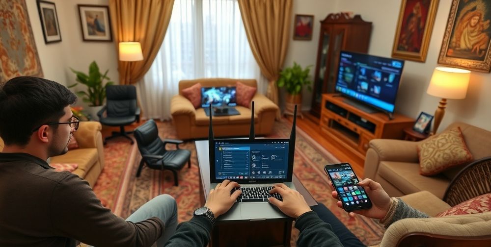 A cozy Persian living room with multiple devices (laptops, smartphones, game consoles) connected wirelessly, a person tweaking Quality of Service settings on a modern router touchscreen interface for optimal online gaming performance.