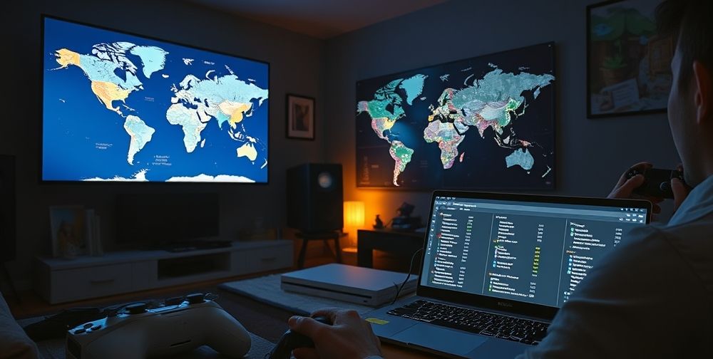 A cozy gaming room at night with a glowing world map on a screen, a gamer marking faster DNS servers around the globe, surrounded by consoles, controllers, and open laptop full of DNS settings.