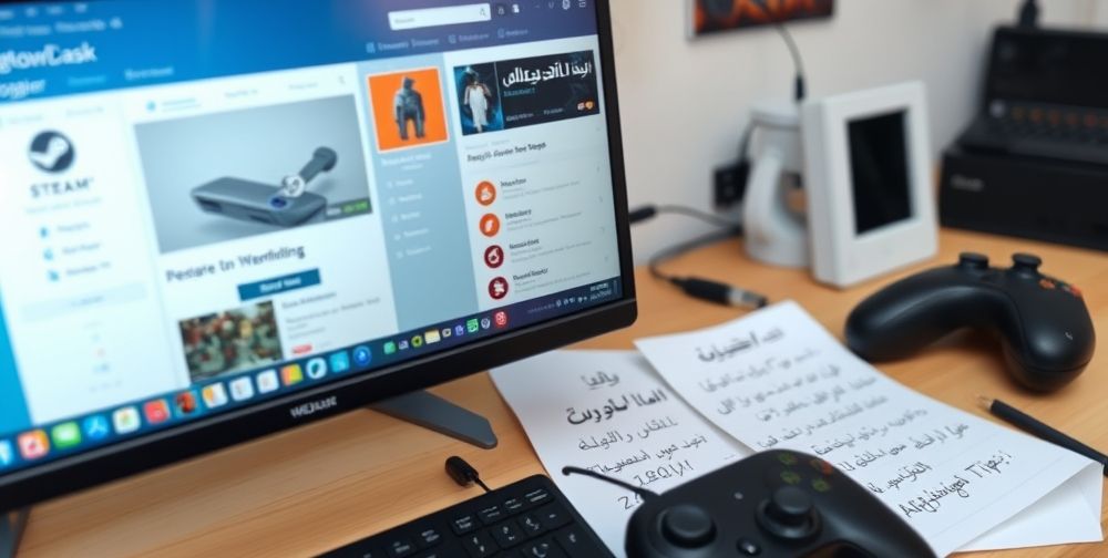 A close-up of a Persian blogger’s desktop with a Steam affiliate dashboard open, handwritten Persian notes about affiliate tips, alongside digital and physical gaming gadgets.