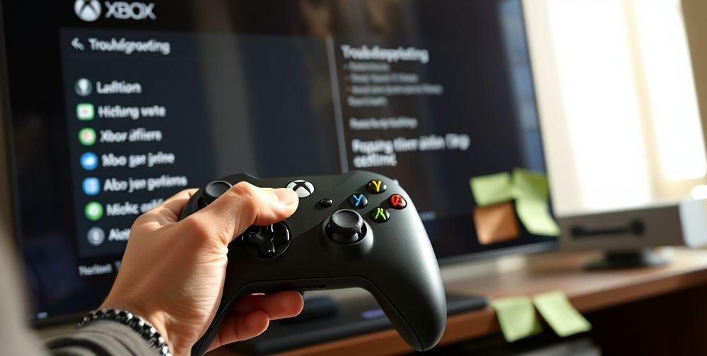 A close-up of a gamer’s hands holding an Xbox Wireless Controller. On the screen nearby, the Xbox dashboard displays troubleshooting menus under natural afternoon lighting. Persian-language sticky notes with error codes are visible on the edge of the TV.