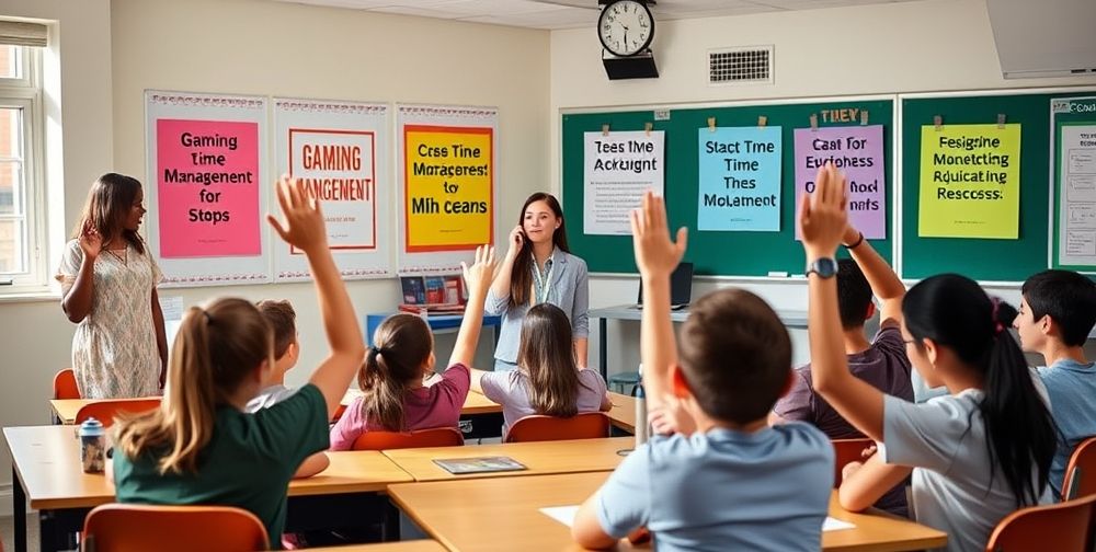A classroom scene with a young psychologist hosting a digital health workshop; teens raise their hands, colorful posters displaying gaming time management tips, a supportive school counselor nearby, bright daylight through the windows.