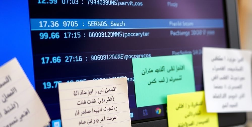 Closeup of a computer screen displaying several DNS server addresses and ping metrics, with highlighted low latency numbers. Around the screen, sticky notes in Persian show quick instructions on setting custom DNS in Windows and Android, designed in a vibrant and educational style.