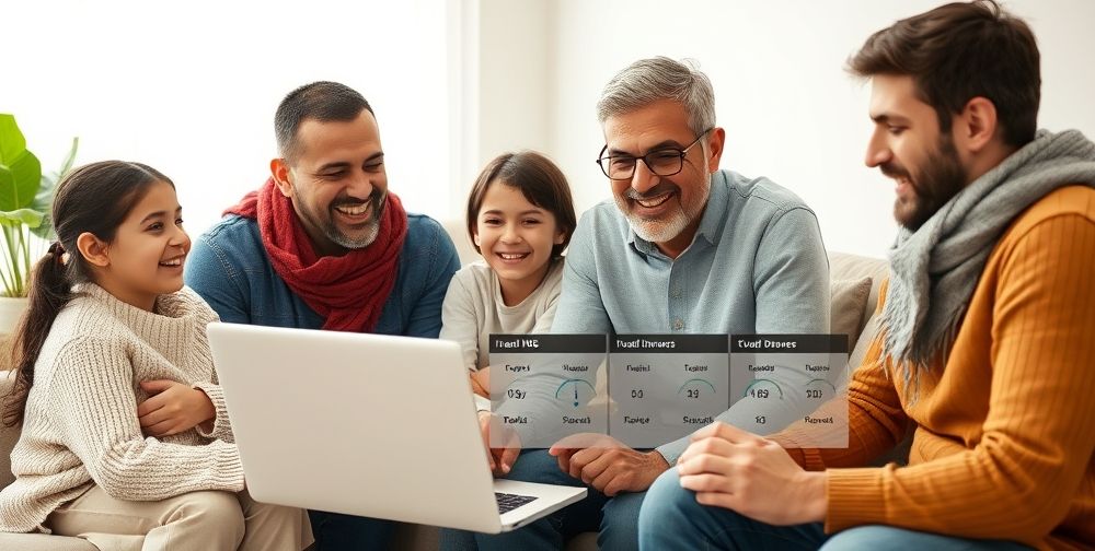 A close-knit Iranian family gathered around a laptop, using an online speed test tool to compare their internet performance before and after switching to various free DNS servers, with expression of surprise and satisfaction. Light, modern living room.