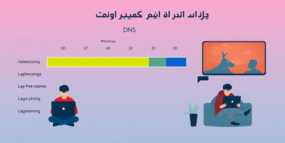 An educational illustration in Persian style showing a comparison chart between various DNS providers, a minimized ping bar, and users enjoying lag-free video games and streaming on laptops and phones.
