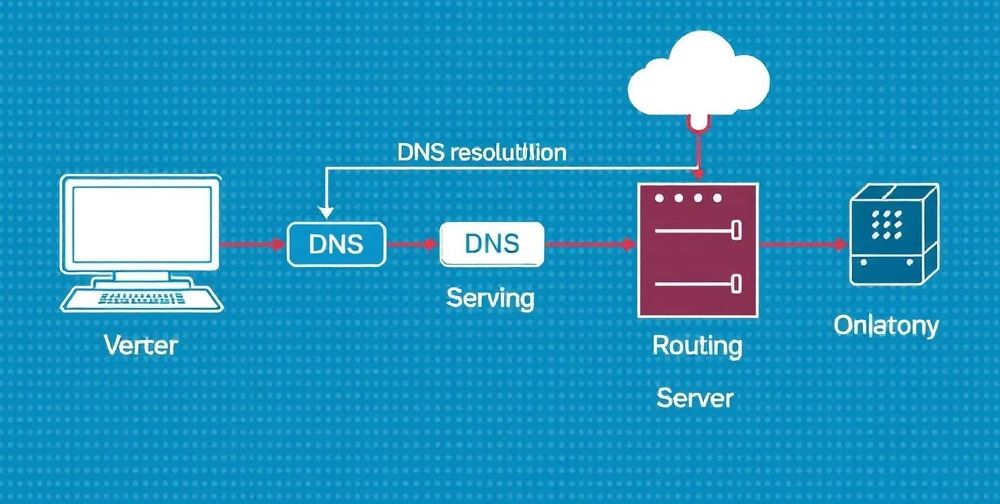 A technical diagram showing the data flow from a user’s computer to a DNS server, then to a gaming server, illustrating where DNS resolution happens and emphasizing that ongoing ping depends on data routing, not DNS itself; highly detailed, blue background, Persian interface elements visible.