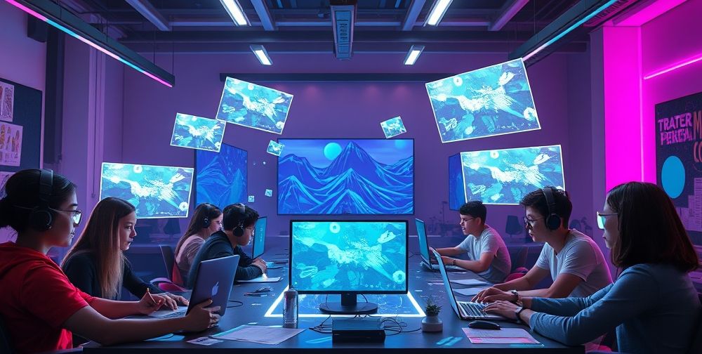 A futuristic game design lab: holographic screens float around a diverse group of young creators, AI assistants suggesting game code improvements, and digital avatars testing new game levels. The atmosphere is inspirational and cutting-edge.