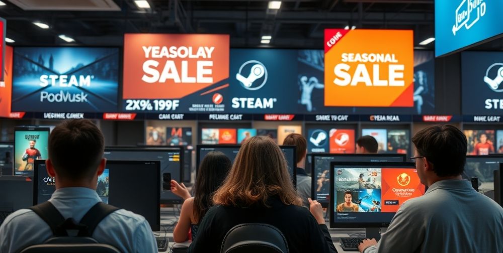 A digital storefront with bright banners showcasing Steam seasonal sales and flash deals, users eagerly browsing discounted game titles on their monitors, credit cards and digital wallet icons subtly visible, evoking excitement and smart shopping.