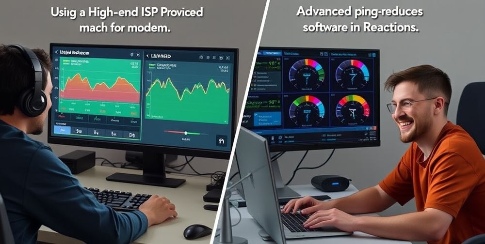 A split-scene showing one gamer using a high-end ISP-provided modem and another testing advanced ping-reducing software on their PC. Screens display in-game latency graphs, download/upload meters, and happy reactions.