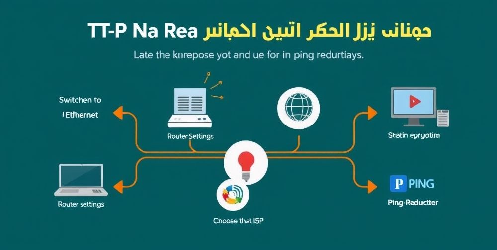 An infographic-style scene in Persian showing a flowchart of the top ping-reduction strategies: switching to Ethernet, optimizing router settings, choosing the best ISP, and using ping reducer software. Modern graphics, clear icons, and vibrant colors.