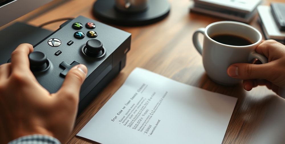 Close-up of hands navigating Xbox console menus for troubleshooting, visible error code list on paper, a cup of coffee nearby, workspace tidy, mid-day light suggesting ongoing focus.