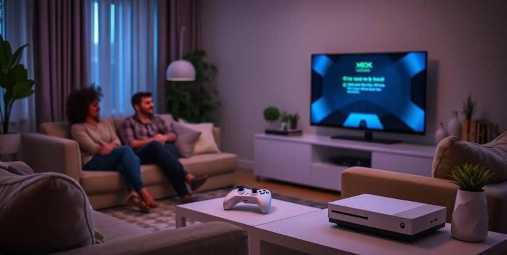 A relaxed living room with an Xbox console glowing quietly on a modern TV stand, a family or friends smiling confidently after solving a technical error, sense of ease and accomplishment.
