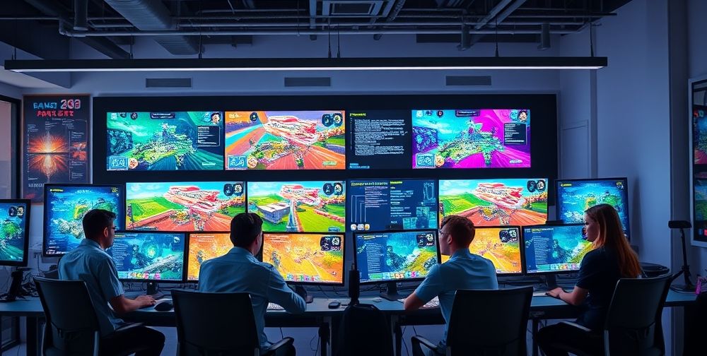 A modern co-working game developer studio, team members brainstorming around giant monitors displaying mobile game levels, AI code, and colorful concept art, conveying futuristic teamwork and creative synergy.