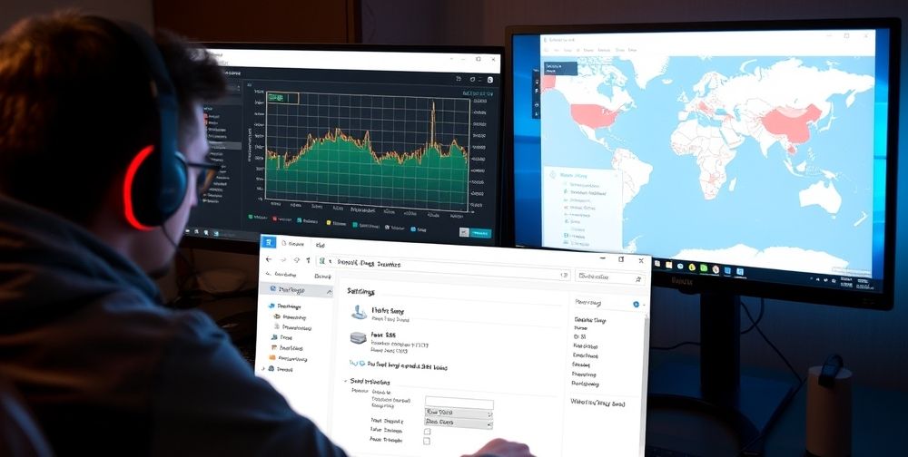 A modern desktop setup with a gamer intently monitoring internet speed, a clear graph showing declining ping times on the screen, the Windows settings panel open, and a visual map showing global DNS server locations.